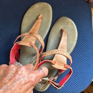 Bedstu, multi colored, leather, flat sandals . Good used condition. Size 10